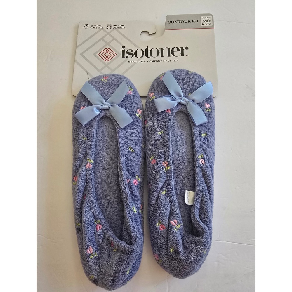 Isotoner Womens Blue Floral Terry Ballet Slippers Suede Sole Medium  6.5-7.5